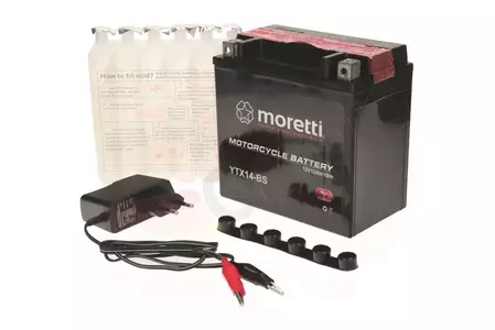 Wartungsfreie 12V 12Ah Moretti YTX14-BS Batterie + Ladegerät