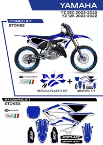 "UFO Stokes" plastikų ir faneros rinkinys + priekinė plokštė ir amortizatorių dangteliai Yamaha YZ 125 250 22 mėlyna juoda balta OEM - C324AD031999