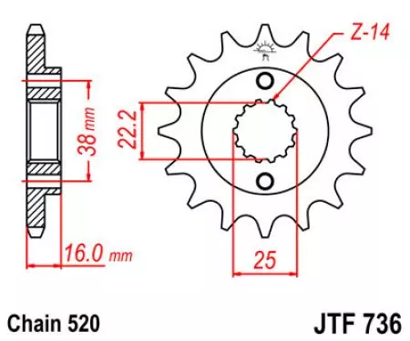 Forreste tandhjul JT JTF736.14, 14z størrelse 520-2