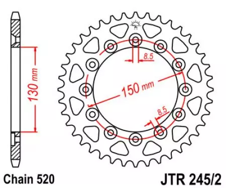 Roda dentada traseira JT JTR245/2.38, 38z tamanho 520-2