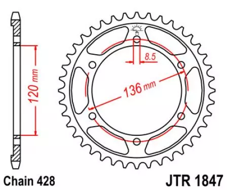 Roda dentada traseira JT JTR1847.57, 57z tamanho 428-2