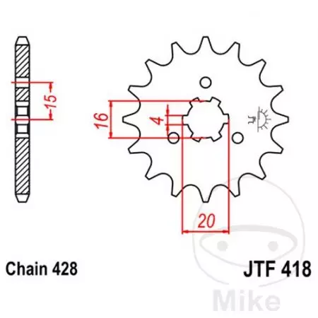 Roda dentada dianteira JT JTF418.15, 15z tamanho 428-2