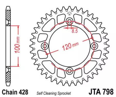 JT aluminijasti zadnji verižnik JTA798.50, 50z velikost 428-2