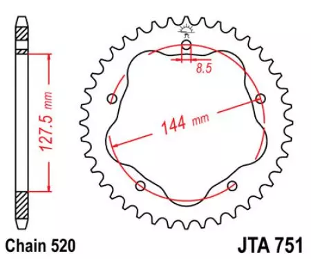 JT hliníkové zadní řetězové kolo JTA751.44, 44z velikost 520 pro adaptér 15492-2