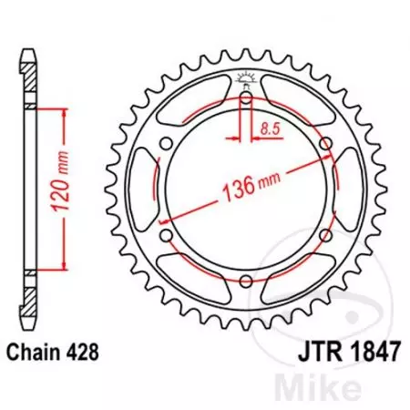 Kettenrad hinten Stahl JT JTR1847.46, 46 Zähne Teilung 428-2