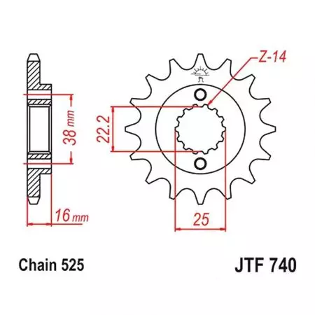JT framhjul JTF740.15RB, 15z storlek 525 med vibrationsdämpare - JTF740.15RB