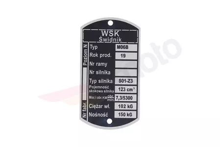 Placa de identificação WSK 125 M06-B3 peso 102 kg - 275056