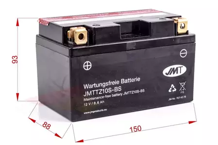 Bateria sem manutenção 12V 8,6 Ah JMT YTZ10S TTZ10S WPZ10S-BS-2