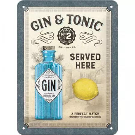 Peltinen juliste 15x20cm Gin Tonic Served Here (Gin Tonic tarjoillaan täällä)-1