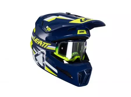 Capacete de motociclismo Leatt Moto 3.5 V24 cross enduro + óculos Velocity 4.5 kit azul marinho amarelo fluo branco M-1