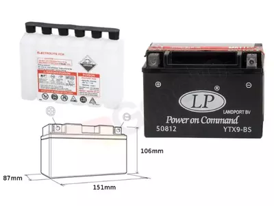 Baterie Landport YTX9-BS de 12 V 9 Ah, fără întreținere, Landport YTX9-BS - YTX9BS L