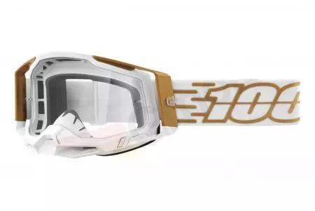 Motocikla brilles 100% procents modelis Racecraft 2 Mayfair krāsa balta/zelta caurspīdīgs stikls-1