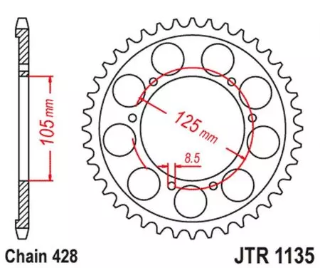 Kettenrad hinten Stahl JT JTR1135.62, 62 Zähne Teilung 428-2