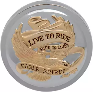 "Drag Specialties" chromuoto plieno ir aukso spalvos "Live to Ride" degalų bako dangtelis - 72647