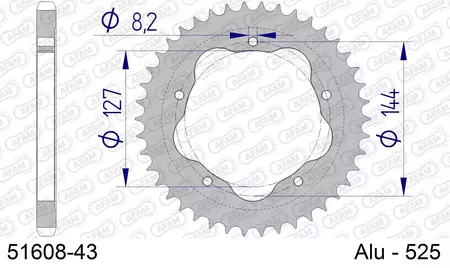 Roda dentada traseira de alumínio Afam 51608, 43z tamanho 525-2