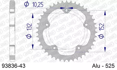 Zadní hliníkové řetězové kolo Afam 93836, 43z velikost 525-2