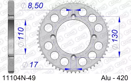 Zadné hliníkové reťazové koleso Afam 11104N, veľkosť 49z 420 MX-2