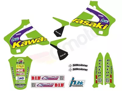 Tecnosel klistermärke kit + sätesöverdrag Kawasaki KX 125 250 94-98 Replica Team Kawasaki 98 - 84V02