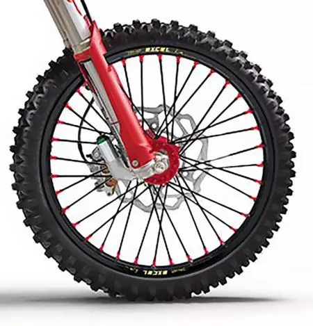 Täydellinen etupyörä 14x1.60x32T Haan Wheels musta/punainen napa/mustat pyörät/punaiset nipat