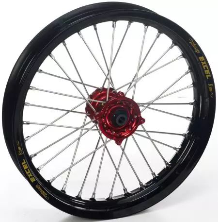 Sukomplektuotas priekinis ratas 14x1.60x32T Haan Wheels juoda/raudona stebulė/sidabriniai stipinai/sidabriniai antgaliai - 131002/3/6