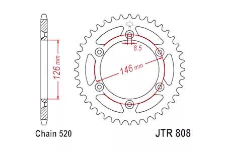 JT roda dentada traseira em alumínio JTA808.52BLK, 52z tamanho 520 preto - JTA808.52BLK