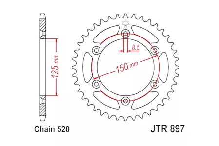 JT roda dentada traseira em alumínio JTA897.52BLU, 52z tamanho 520 azul - JTA897.52BLU