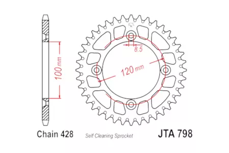 JT roda dentada traseira em alumínio JTA798.52BLK, 52z tamanho 428 preto - JTA798.52BLK