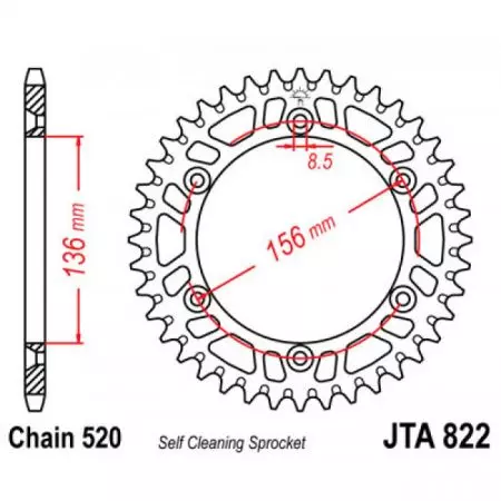 JT aluminium bakre kedjehjul JTA822.48BLK, 48z storlek 520 svart-2