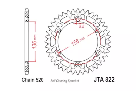 JT алуминиево задно зъбно колело JTA822.49BLK, 49z размер 520 черно - JTA822.49BLK