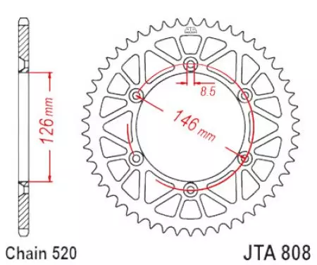 Duralumiiniumist tagumine hammasratas JT JTX808.50GR, 50z suurus 520 hall-2
