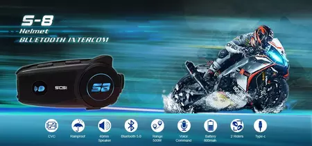 SCS S-8 Bluetooth 500m interkom pro motocykly 1 helma-11