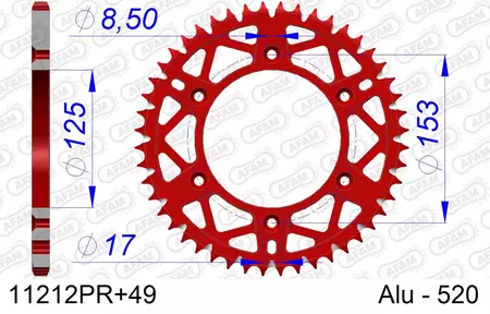 Afam 11212PR hliníkové zadné reťazové koleso, 49z veľkosť 520 samočistiace červené-2