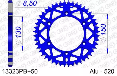 Алуминиево задно зъбно колело Afam 13323PB, размер 50z 520, самопочистващо се, синьо-2