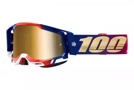 Motociklininko akiniai 100% procentų modelis Racecraft 2 Uniteed spalva mėlyna/raudona/balta auksinis veidrodinis lęšis-1
