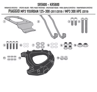 Kappa KR5600 suport central pentru portbagaj Piaggio MP3 Yourban 125 300, HPE 300 11-21 (cu placă monokey) - KR5600